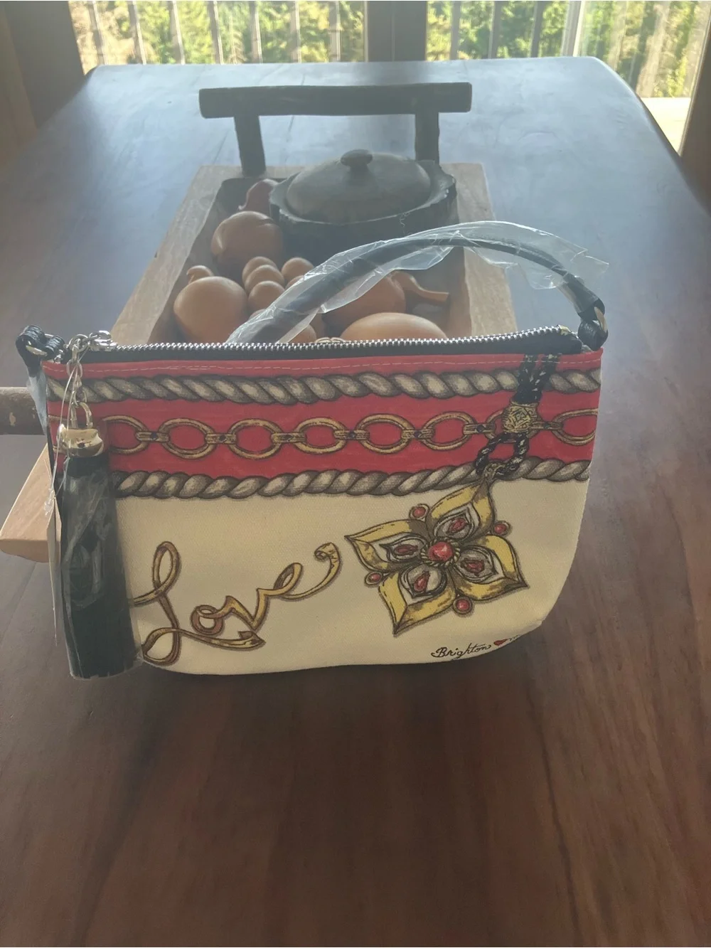 Brighton White and Red Canvas Wristlet with Gold Accents